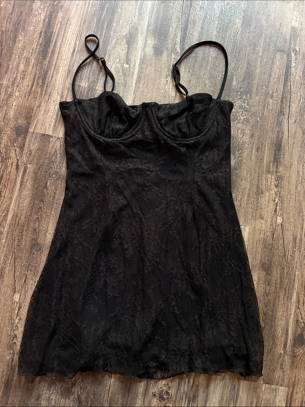 Weworewhat Black Lace Slip Dress with Cups and Adjustable Straps